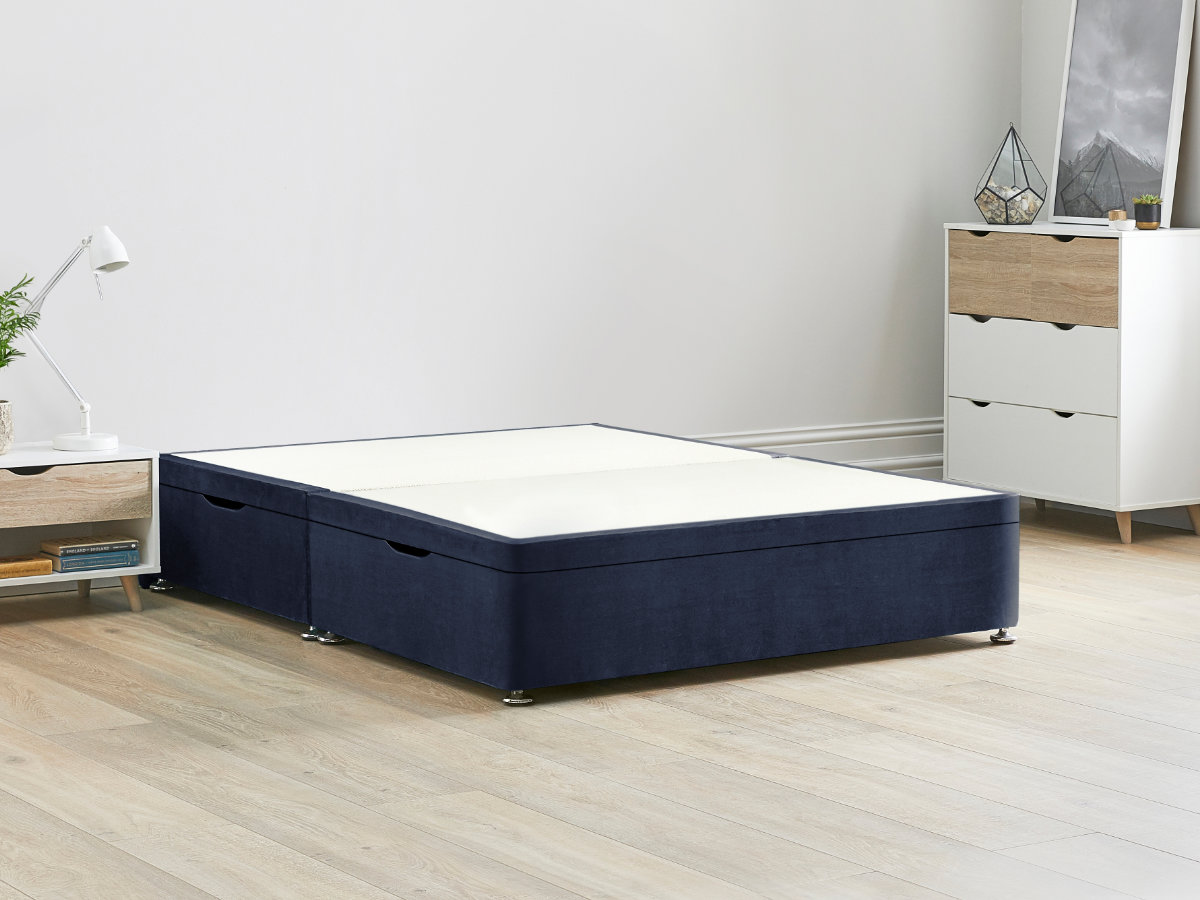 View Blue Ottoman Storage Side Lift Divan Bed Base Sapphire Top Base Fixed Chrome Glide Feet Single Small Double Double and King Size information