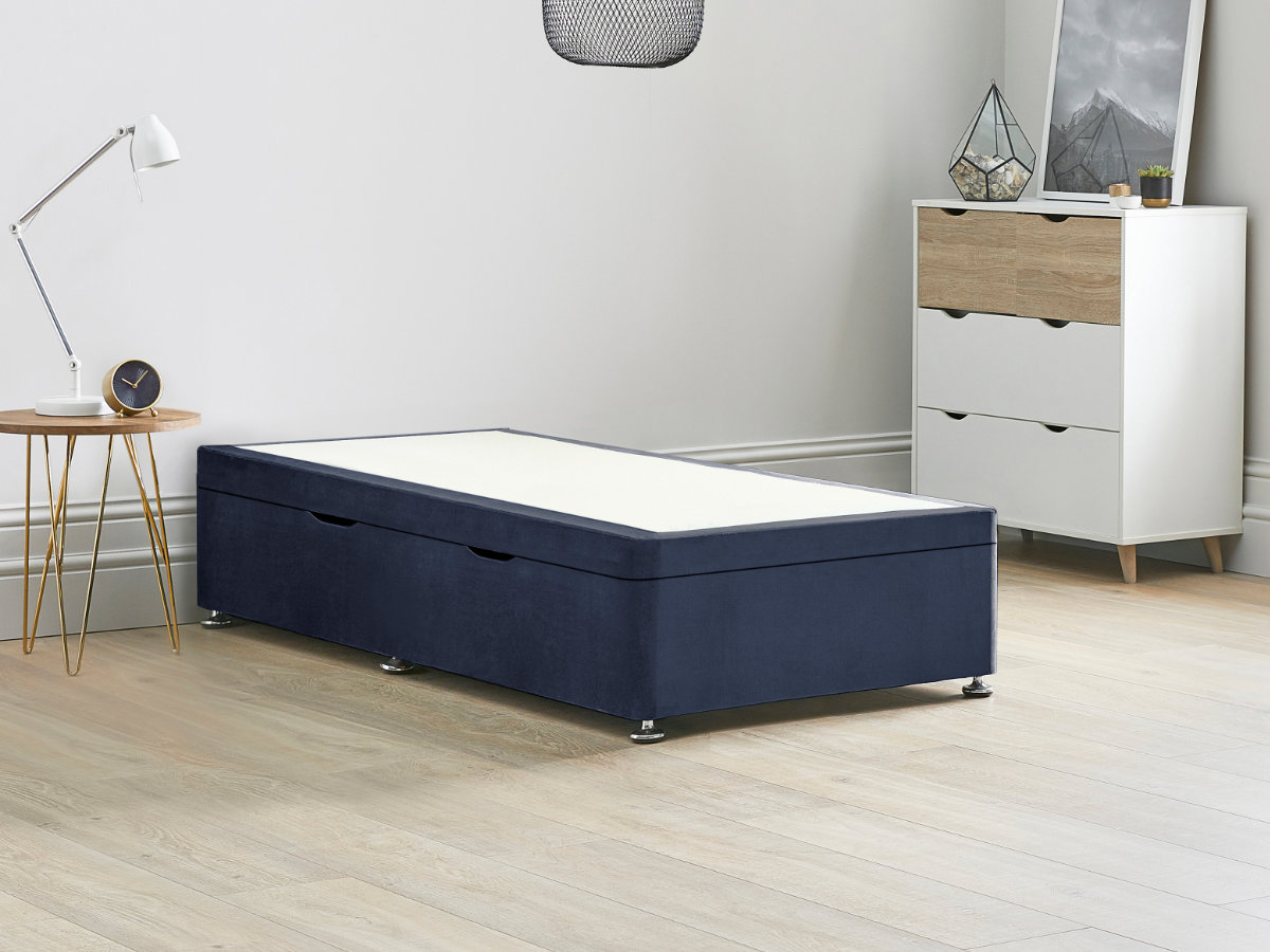 View Blue Ottoman Storage Side Lift Divan Bed Base Sapphire 30 Single Solid Sides Top Base Fixed Chrome Glide Feet information