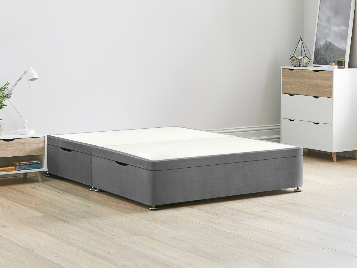 View Grey Ottoman Storage Side Lift Divan Bed Base Titanium 50 King Solid Sides Top Base Fixed Chrome Glide Feet information