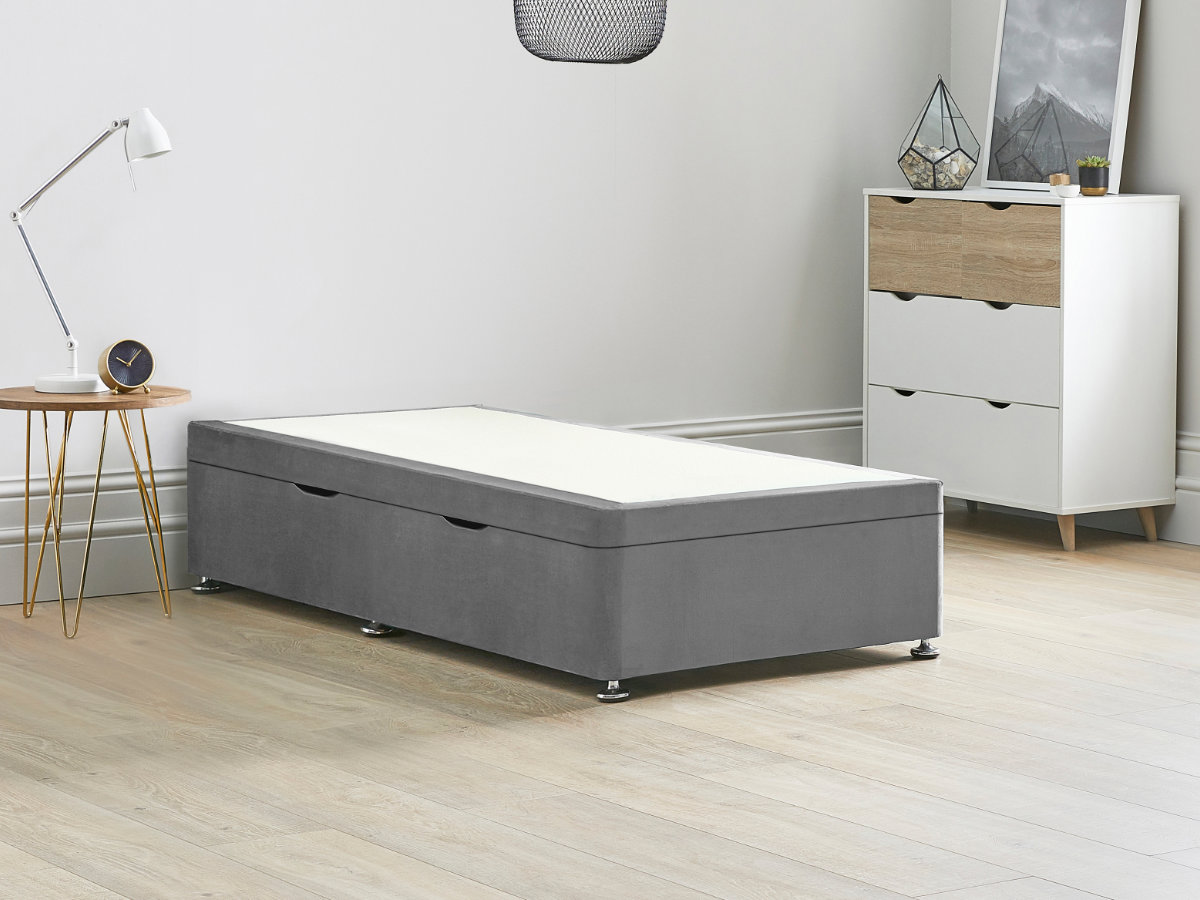 View Grey Ottoman Storage Side Lift Divan Bed Base Titanium 30 Single Solid Sides Top Base Fixed Chrome Glide Feet information