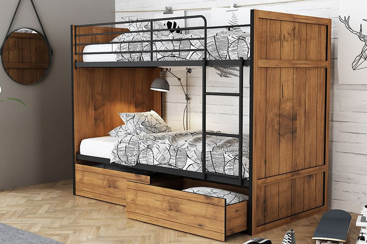 View Wooden Urban Style Bunk Bed With Storage Drawers Black Metal Detailing Rocco information