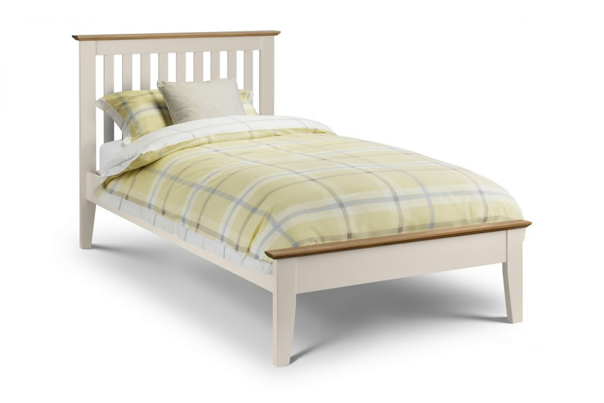 View 30 90cm Single Size Cream Wooden Bed Frame Shaker Styled Slatted Headboard With Oak Top Low Plank Footboard Slatted Base Salerno information