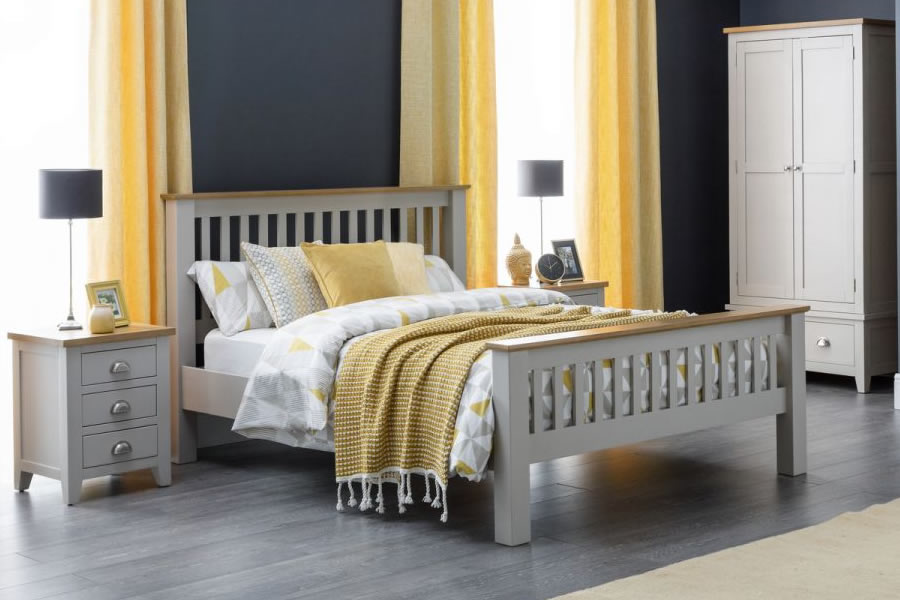 View 46 Double Size Grey Shaker Styled Bed Frame With Natural Oak Yop Rail Tall Slatted Head And Footend Slatted Mattress Support Richmond information