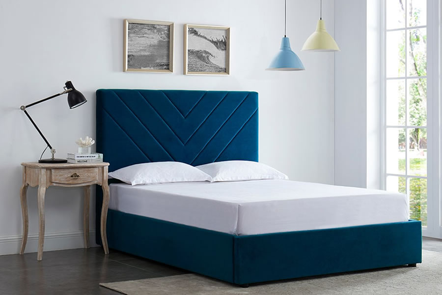 View 46 Double Size Ocean Blue Velvet Fabric Bed Frame Chevron Pleated Deeply Padded High Headboard Low Foot Board Slatted Base Islington information