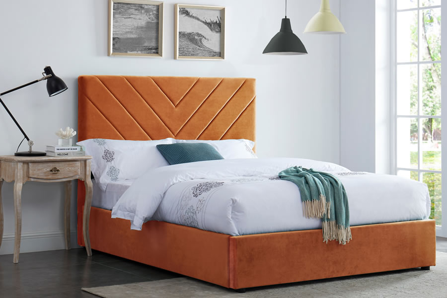 View 46 Double Size Burnt Orange Velvet Fabric Bed Frame Chevron Pleated Deeply Padded High Headboard Low Foot Board Slatted Base Islington information