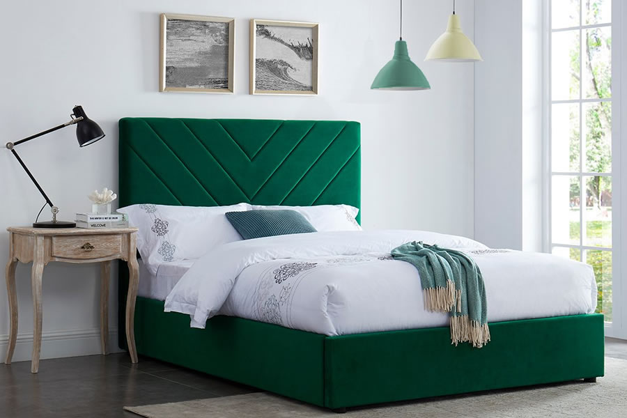 View 46 Double Size Emerald Green Velvet Fabric Bed Frame Chevron Pleated Deeply Padded High Headboard Low Foot Board Slatted Base Islington information