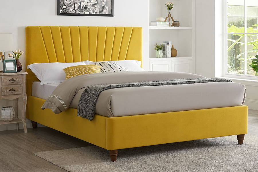 View 46 Double Size Mustard Yellow Plush Velvet Bed Frame Tall Headboard With Deeply Upholstered Fan Design Low Plank Style Foot Board Lexie information