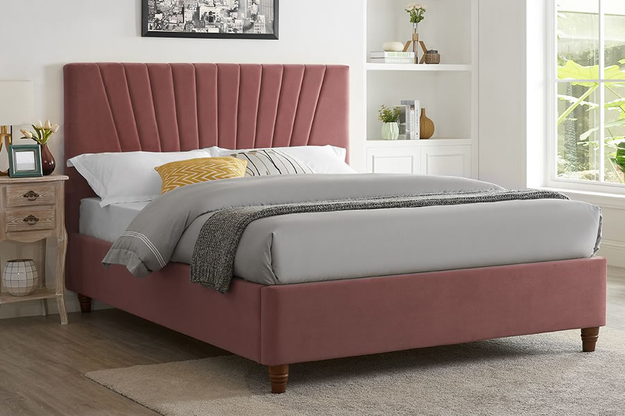 View 46 Double Size Pastel Pink Plush Velvet Bed Frame Tall Headboard With Deeply Upholstered Fan Design Low Plank Style Foot Board Lexie information