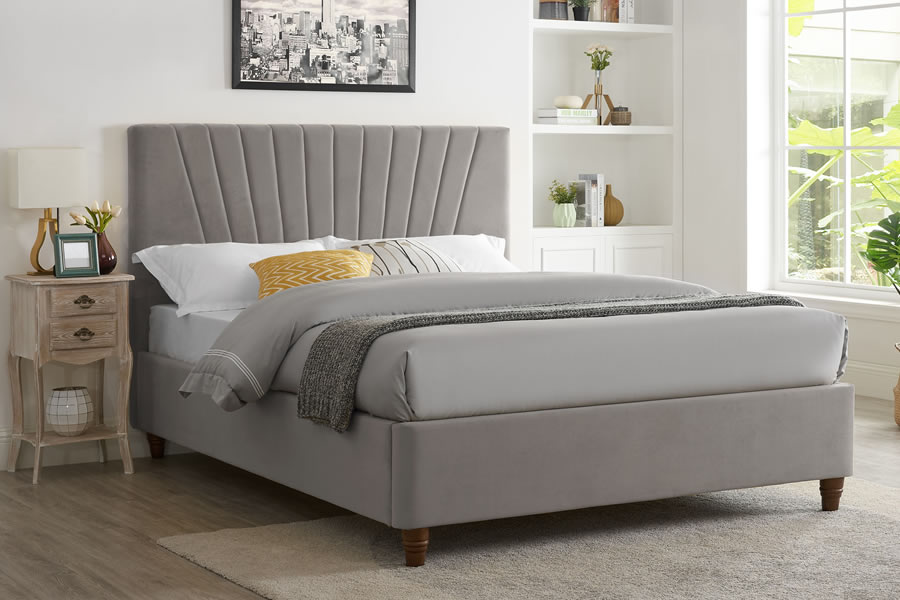 View 46 Double Size Graphite Grey Plush Velvet Bed Frame Tall Headboard With Deeply Upholstered Fan Design Low Plank Style Foot Board Lexie information