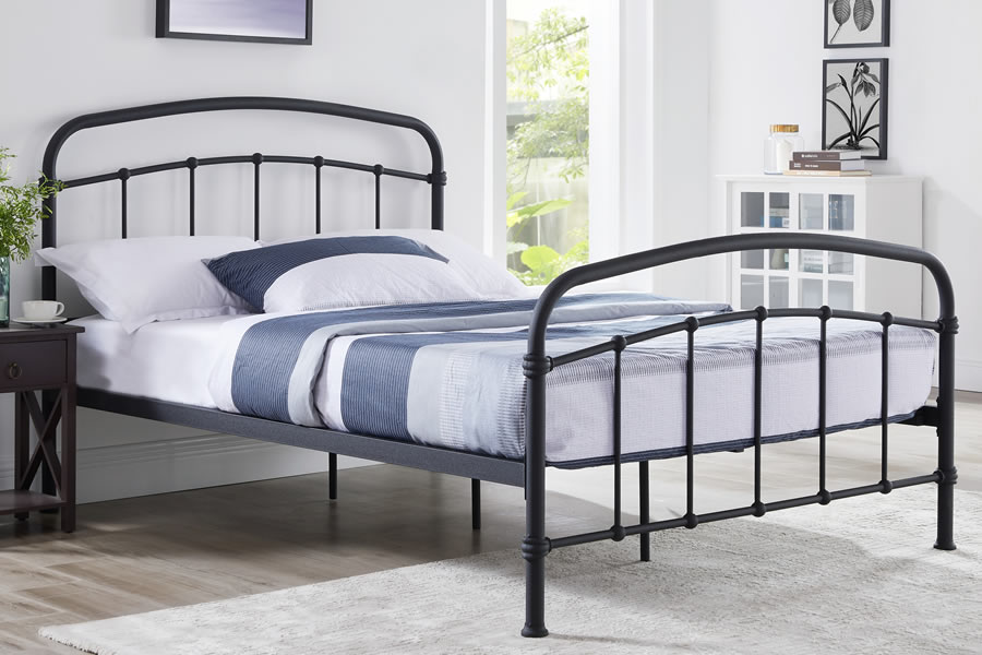 View 46 Double Size Metal Black Coloured Hospital Look Bed Frame Robust Metal Construction Sprung Slatted Base Slatted Headboard And Foot End information