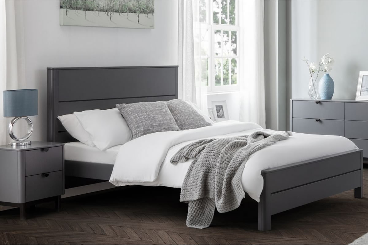 View 50 150cm King Size Modern Graphite Storm Grey Wooden Bed Frame High Headboard Features Recessed Panels Low Foot End Slatted Base Chloe information