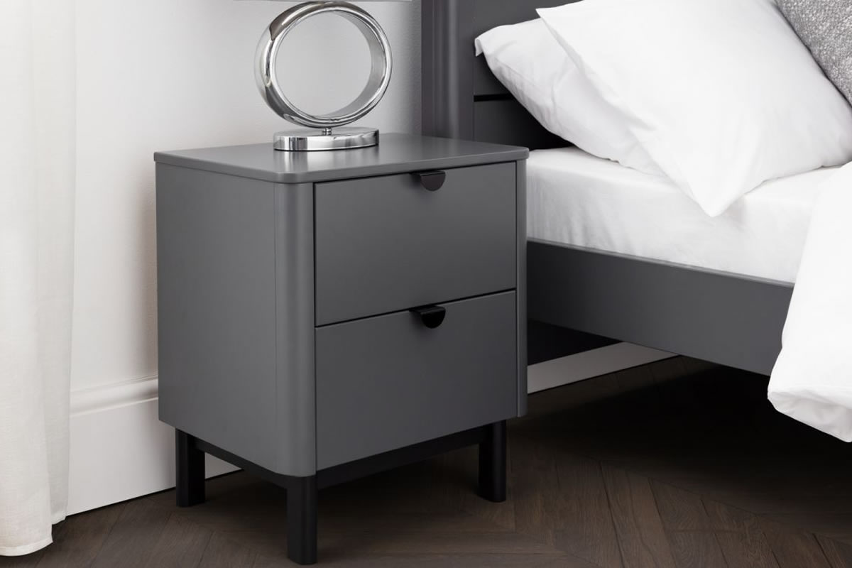 View Solid Grey Industrial Looking 2 Drawer Bedside Chest Of Drawers Black Pull Knob Modern Retro Finish Black Base Frame Easy Glide Drawers Chloe information