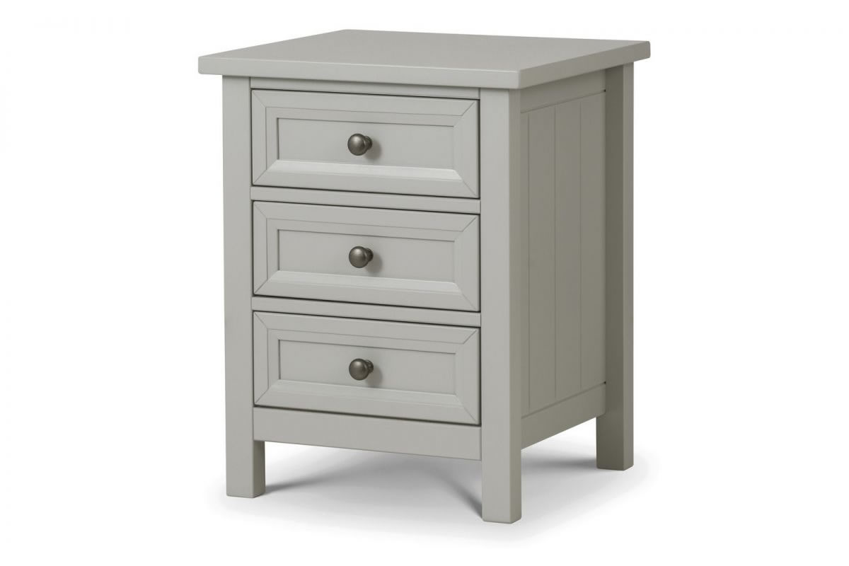 View Painted Light Grey Wooden 3 Drawer Bedside Locker Chest Easy Glide Storage Drawers Metal Pewter Finish Pull Handles Matches Maine Bedroom Range information