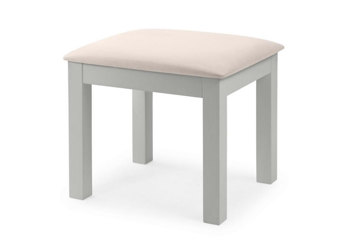 View Painted Light Grey Dressing Stool Deeply Upholstered Padded Seat Chunky Square Leg Frame Maine Bedroom Range Birlea information