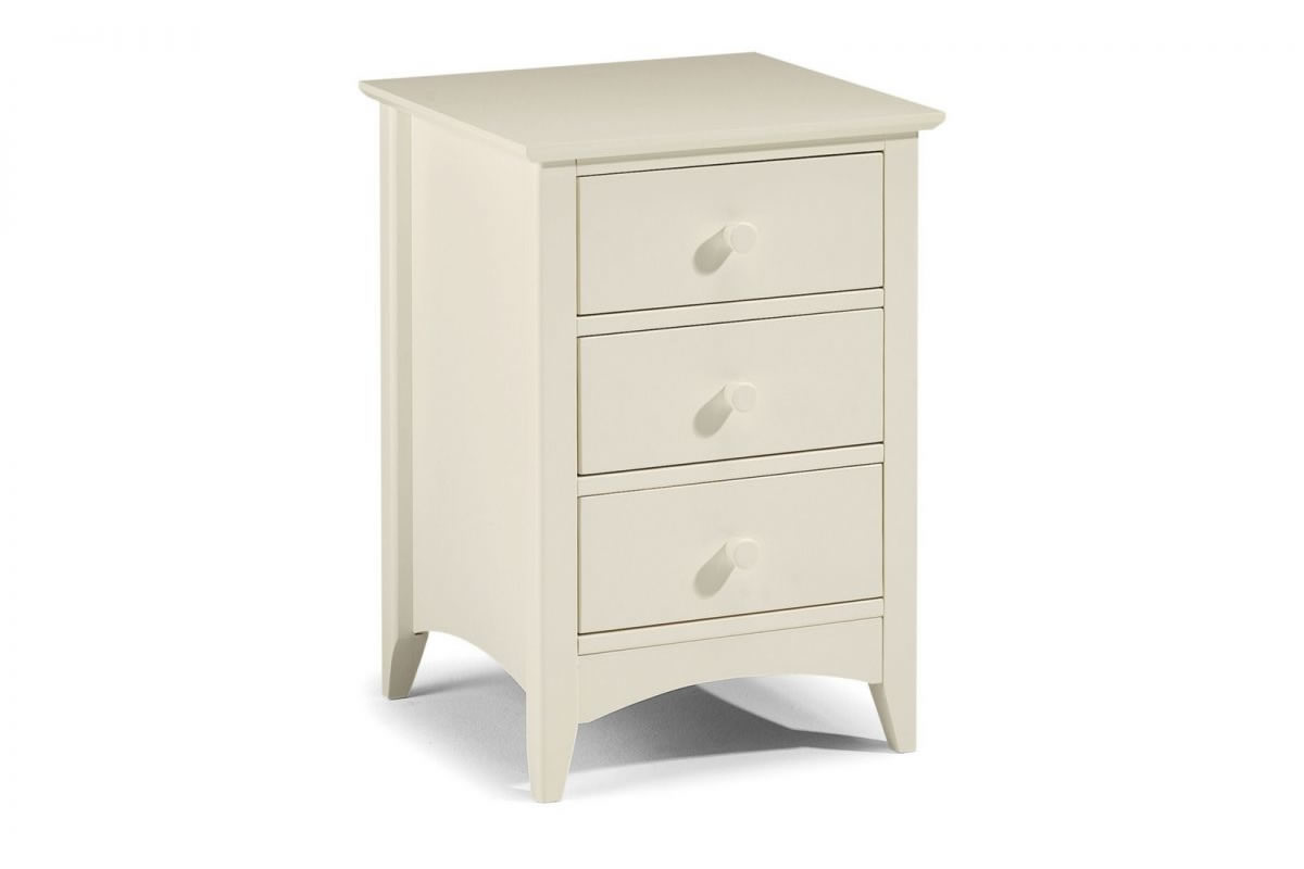 View Stone White Painted 3 Drawer Bedside Chest Shaker Style Round Pull Handles Solid Wood Drawers With Splayed Legs Matching Furniture Cameo Range information