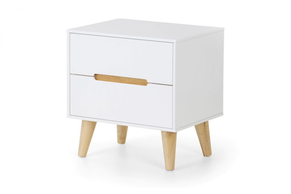 View Matt White Modern Scandinavian Styled 2 Drawer Bedside Chest Easy Glide Storage Drawers Tapered Light Wood Legs Recessed Handles Alicia information
