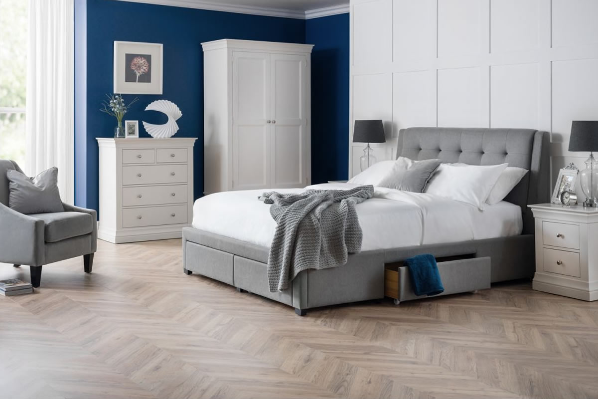 View Fullerton 46 Double Grey Linen Fabric 4 Drawer Storage Bed Frame Deeply Padded Buttoned Headboard Four Storage Drawers Sprung Slatted Base information