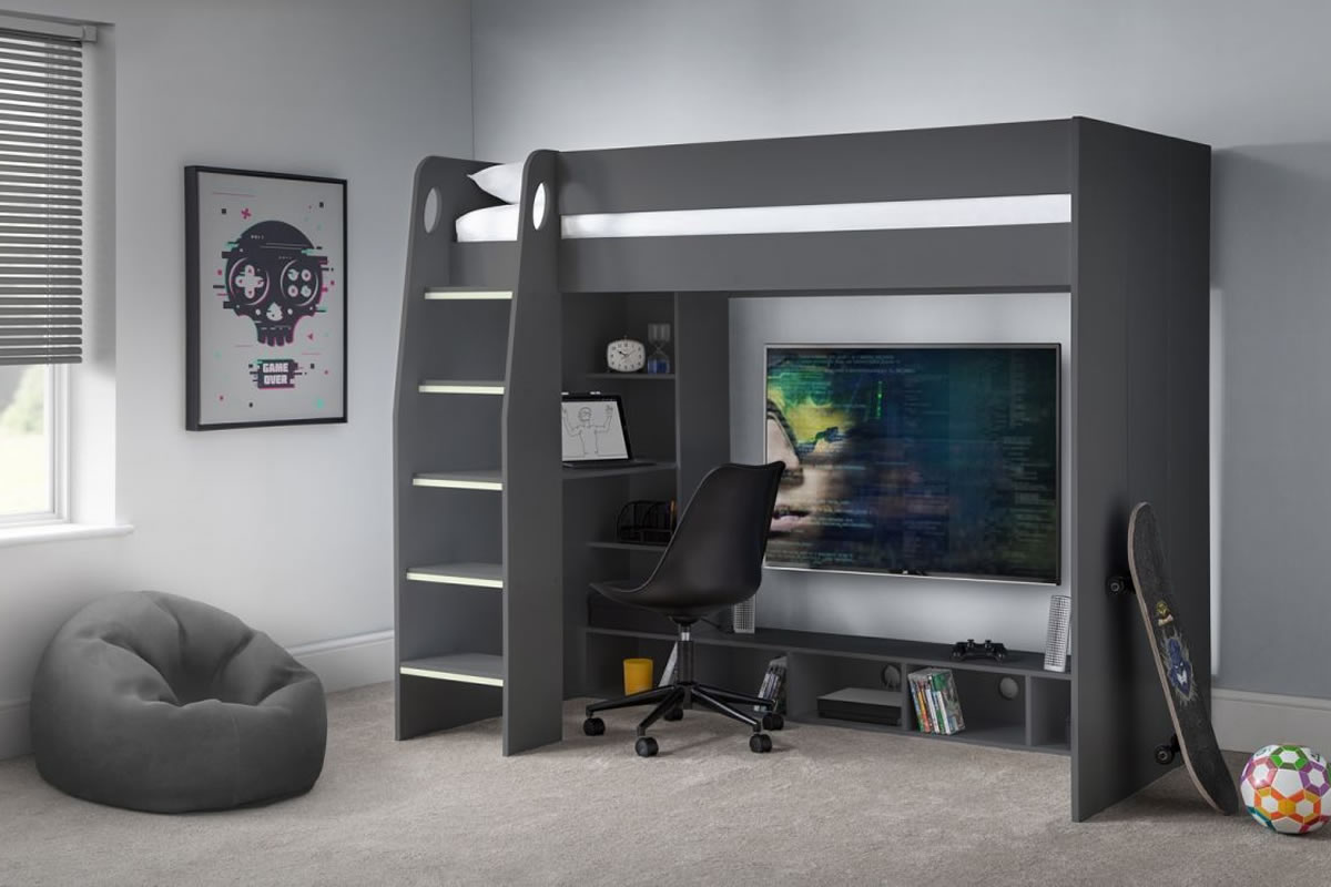 View Nebula Anthracite Modern Gaming Bunk Bed with Desk Perfect Set Up For Teenage Gamers Requires Easy SelfAssembly Julian Bowen information
