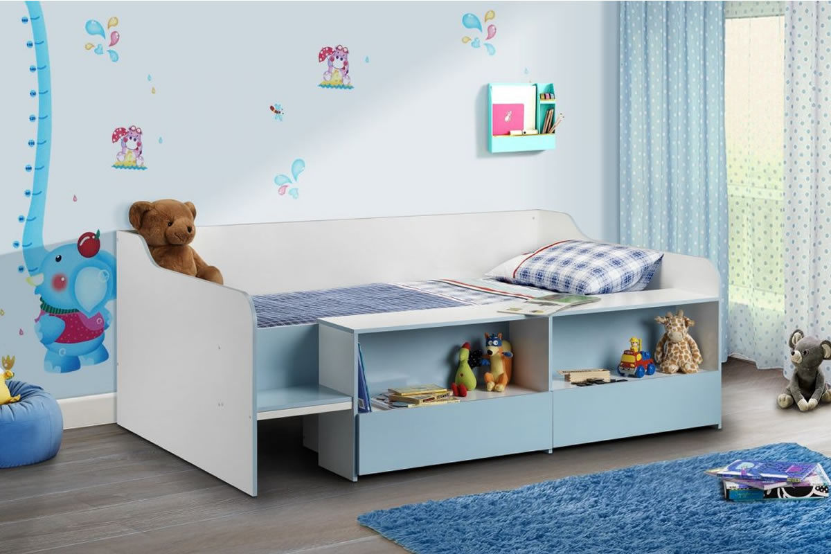 View Stella 30 Single Blue Wooden Childrens Low Sleeper Bed Frame 2 PullOut Storage Drawers On Castors Useful Shelving information