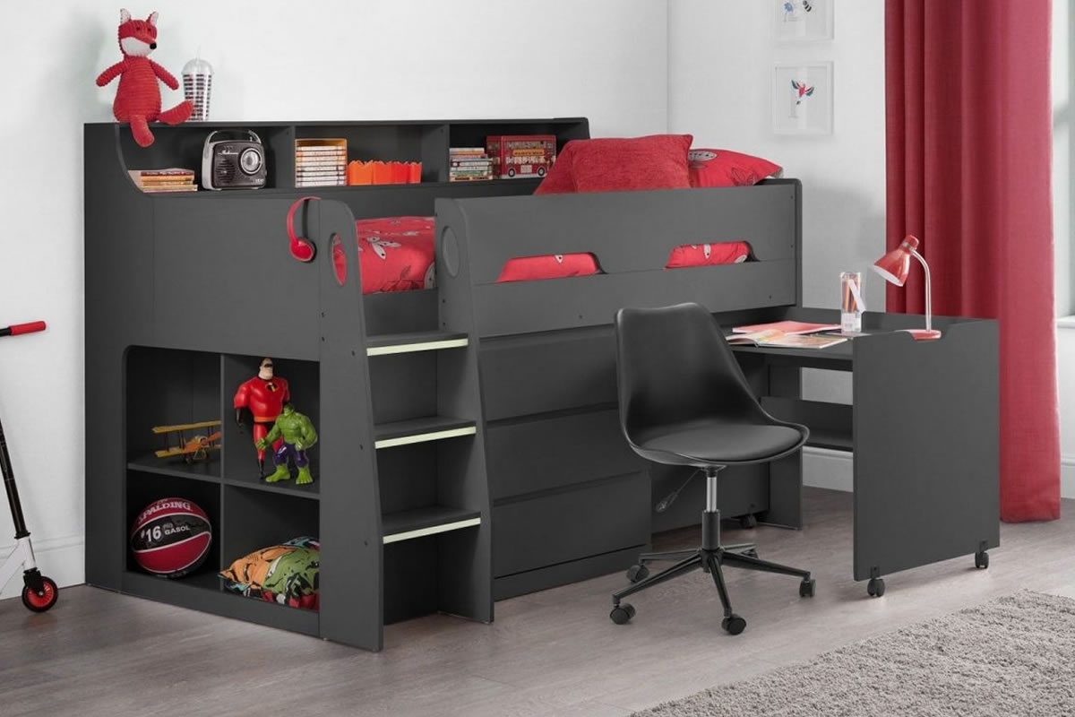 View 30 Single Dark Grey Anthracite Wooden Mid Sleeper Cabin Bed Frame With PullOut Desk Area Shelves And Drawers Included Jupiter information
