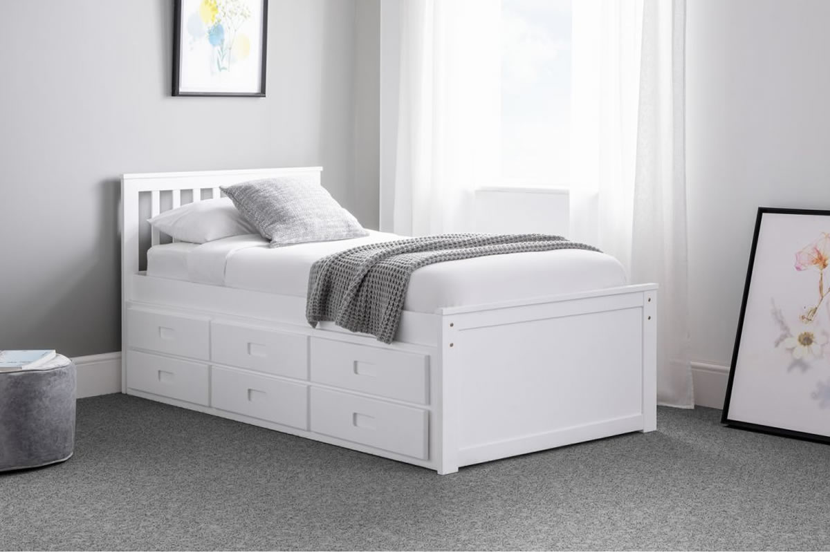 View Painted White 30 Single Childrens Captain Bed Frame Pull Out Bed Additional Guest Bed Three Easy Glide Storage Drawers Shaker Style Maisie information