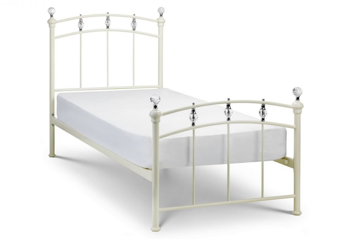 View Sophie 30 Single Size Painted White Metal Bed Frame With Glass Crystal Finials Stone White Finish High Head Footend Sprung Slatted Base information