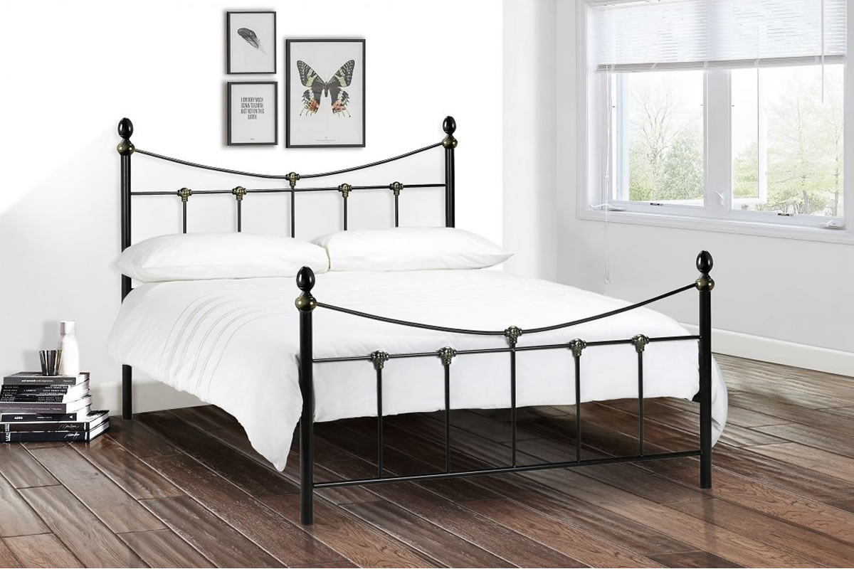 View 50 King Size Black Antique Styled Metal Bed Frame Tall Head And Footboard With Slatted Design Dipped Rail Round Balls Rebecca information