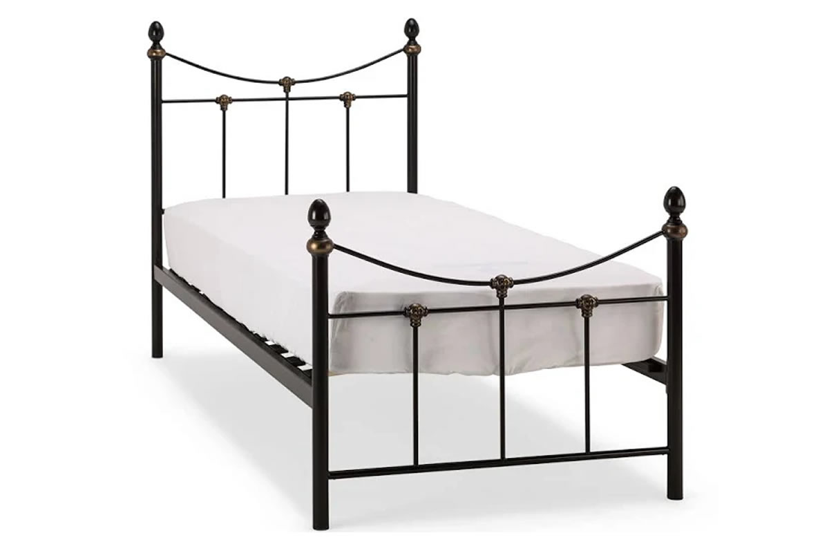View 30 Single Size Black Antique Styled Metal Bed Frame Tall Head And Footboard With Slatted Design Dipped Rail Round Balls Rebecca information