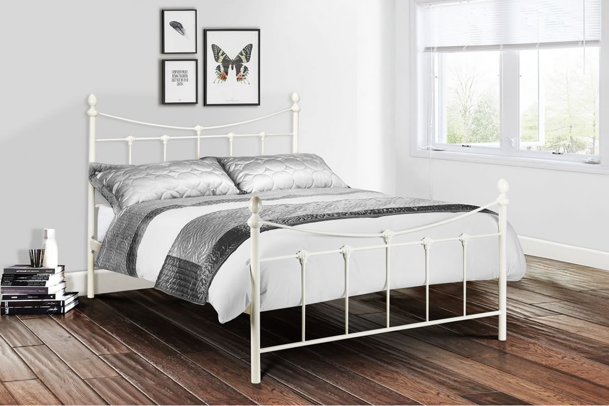 View 46 Double Size Stone White Antique Styled Metal Bed Frame Tall Head And Footboard With Slatted Design Dipped Rail Round Balls Rebecca information