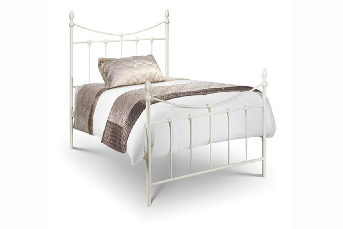 View 30 Single Size Stone White Antique Styled Metal Bed Frame Tall Head And Footboard With Slatted Design Dipped Rail Round Balls Rebecca information