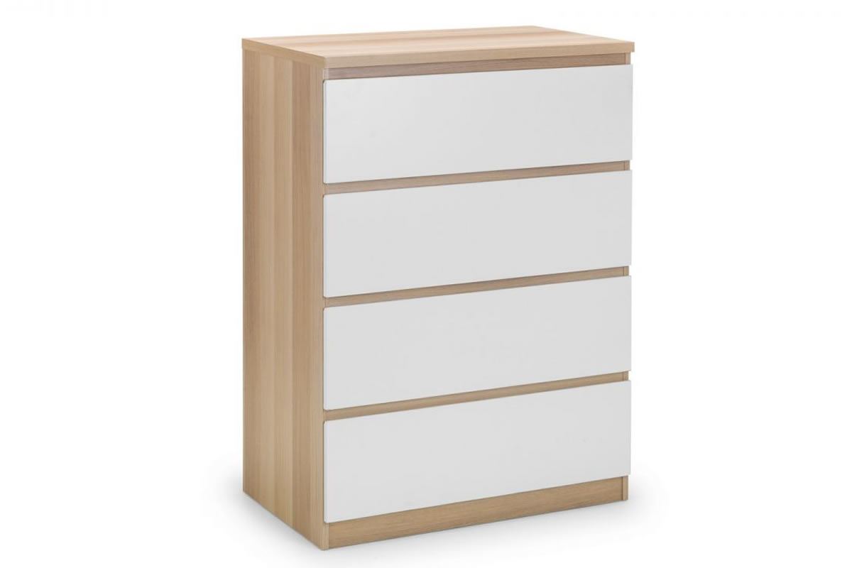 View Oak White Finish Tall Wide 4 Drawer Modern Bedroom Storage Chest Of Drawers Easy Glide Drawers Enclosed Handles Jupiter Julian Bowen information
