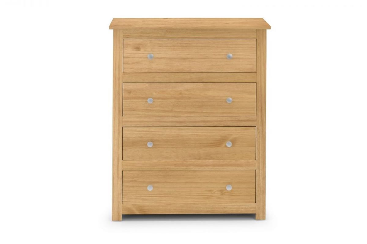 View Pine Wooden 4 Drawer Wide Bedroom Storage Chest Of Drawers Shaker Styled Solid Wood Drawers Silver Handles Radley Julian Bowen information