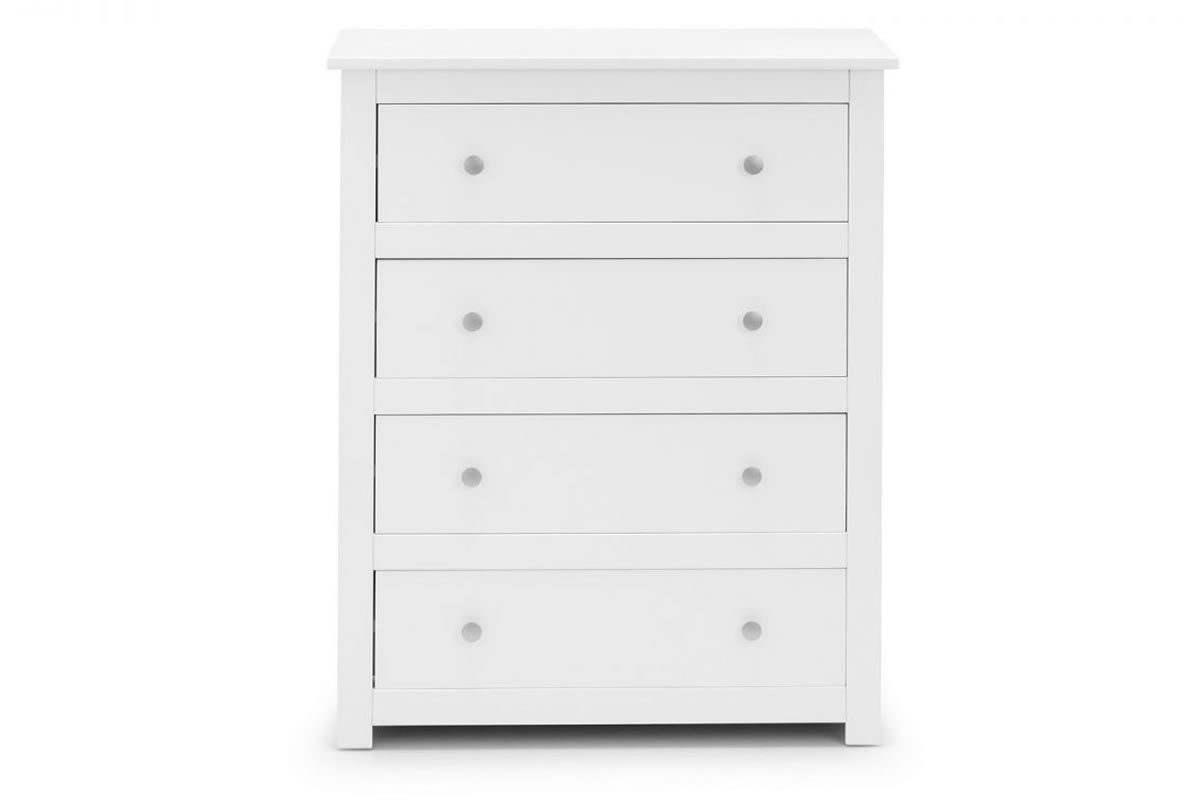 View White Wooden 4 Drawer Wide Bedroom Storage Chest Of Drawers Shaker Styled Solid Wood Drawers Silver Handles Radley Julian Bowen information