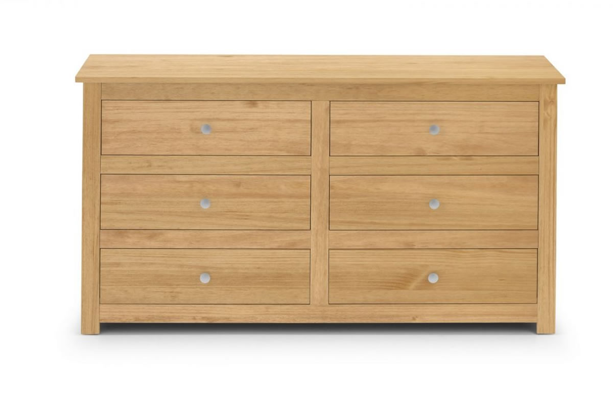 View Pine Wooden 6 Drawer Wide Bedroom Storage Chest Of Drawers Shaker Styled Solid Wood Drawers Silver Handles Radley Julian Bowen information
