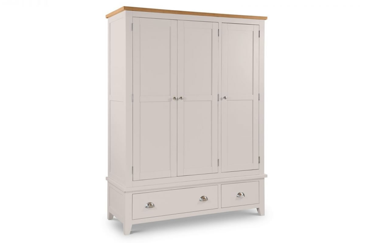 View Painted Grey 3 Door Combination Wardrobe Two Easy Glide Storage Drawers Double Full Hanging Single Shelf Compartment Chrome Handles Richmond information