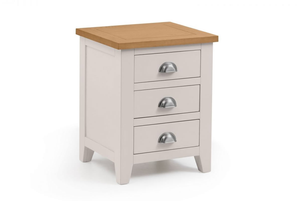 View Painted Light Grey 3 Drawer Bedside Storage Chest Solid Oak Top Easy Glide Drawers Chrome Cup Handles Richmond Bedroom Furniture Range information