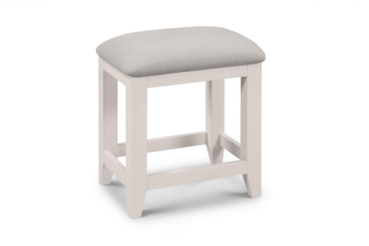 View Painted Light Grey Upholstered Dressing Stool Deeply Padded Upholstered Padded Seat Square Chunky Frame Richmond Bedroom Range information